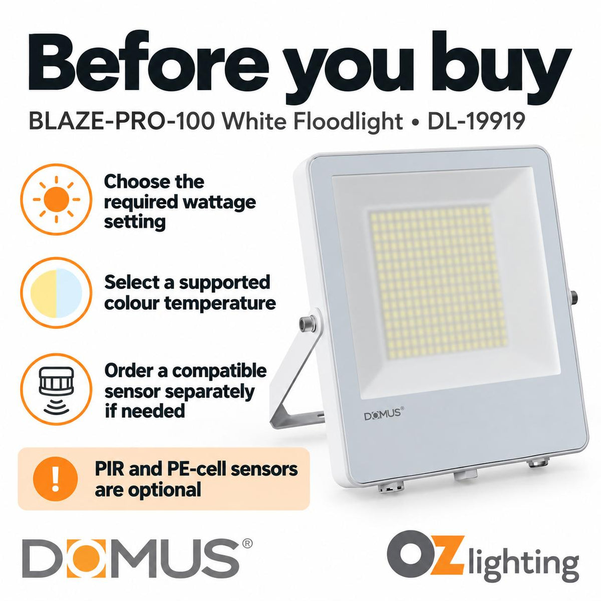 Domus BLAZE PRO LED Floodlight - 50W/100W/200W, 240V, Tri-Colour, White-Domus Lighting-Ozlighting.com.au