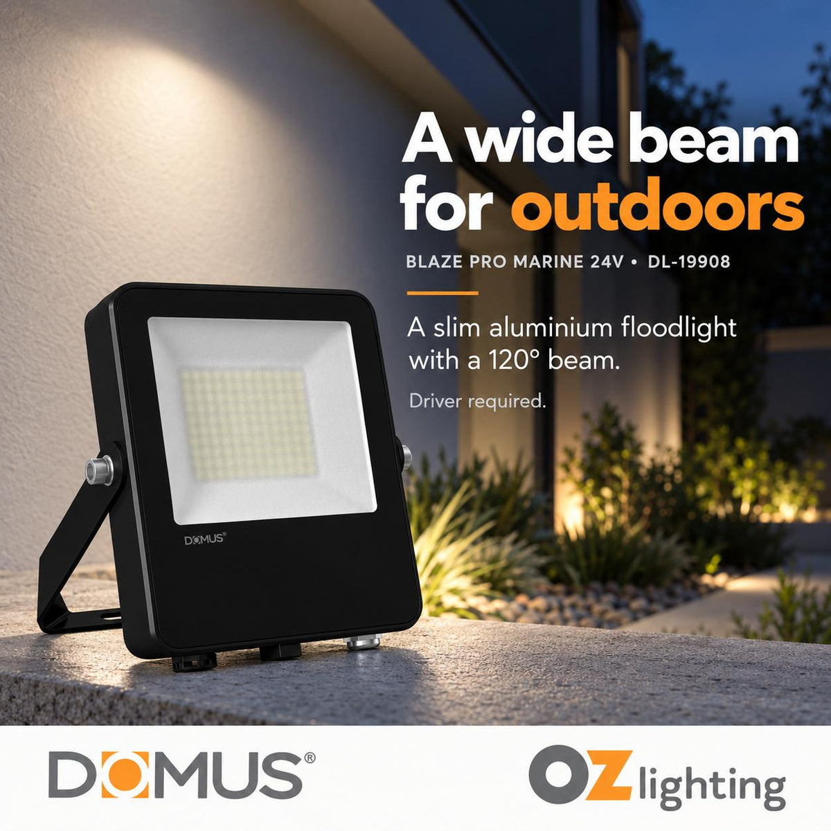Domus BLAZE PRO MARINE LED Floodlight - 50W/100W, 24V, Tri-Colour, Black - DRIVER REQUIRED-Domus Lighting-Ozlighting.com.au
