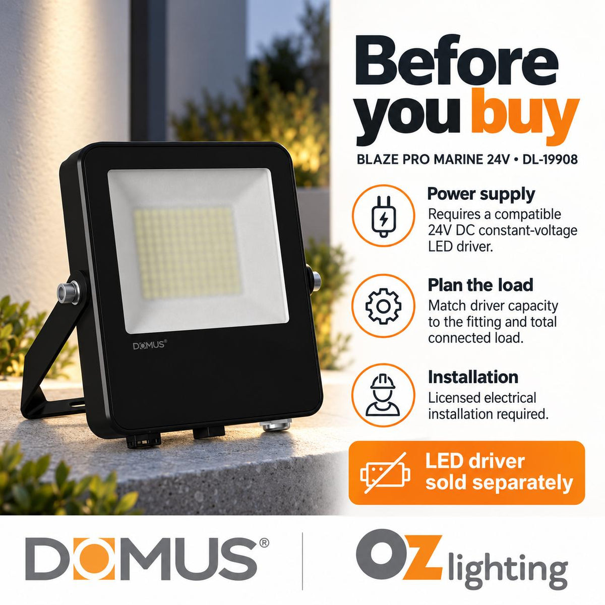 Domus BLAZE PRO MARINE LED Floodlight - 50W/100W, 24V, Tri-Colour, Black - DRIVER REQUIRED-Domus Lighting-Ozlighting.com.au