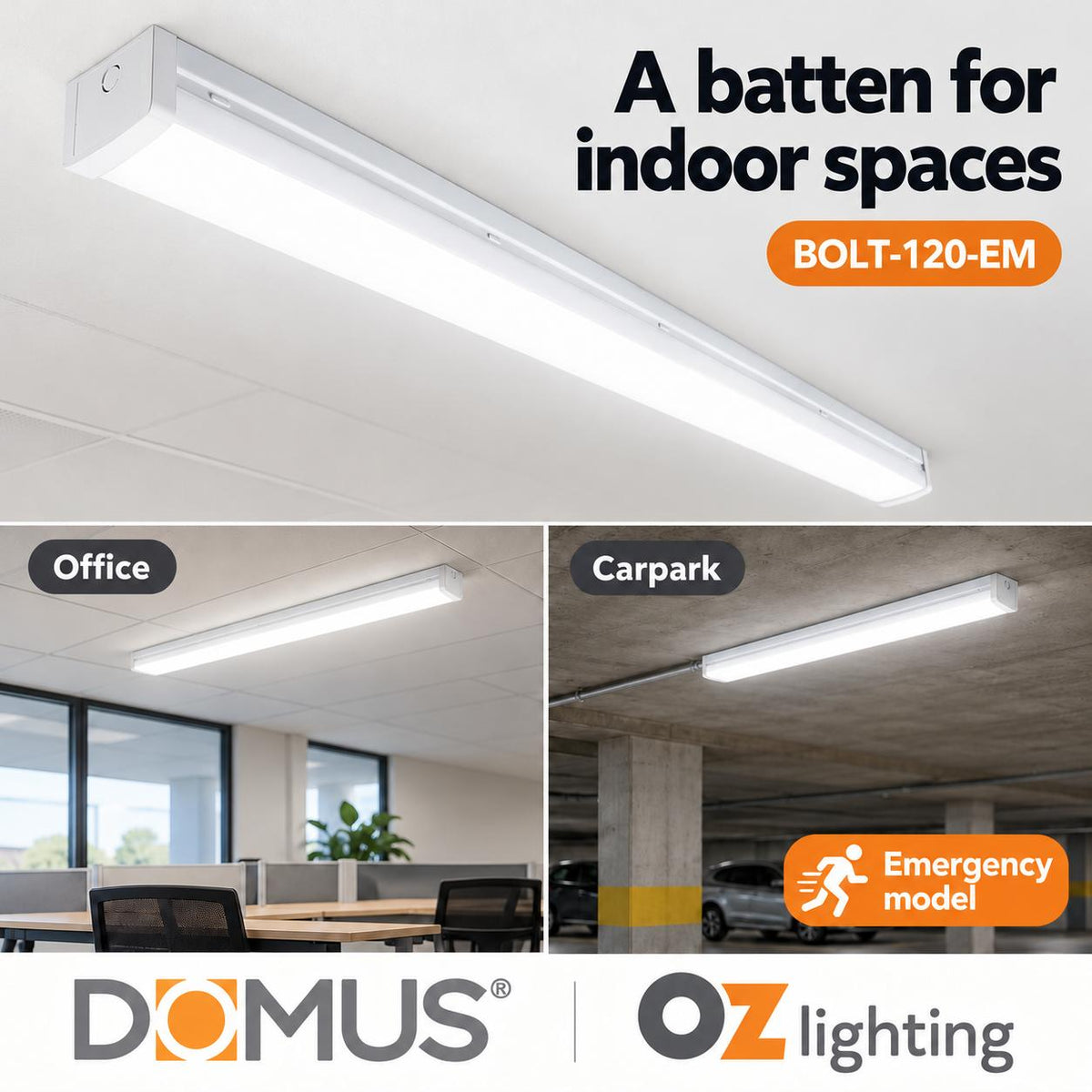 Domus BOLT-120-EM LED Batten Light - 10/40W, 1200mm, 4ft, Tri-Colour, IP44, Diffused, Emergency-Domus Lighting-Ozlighting.com.au