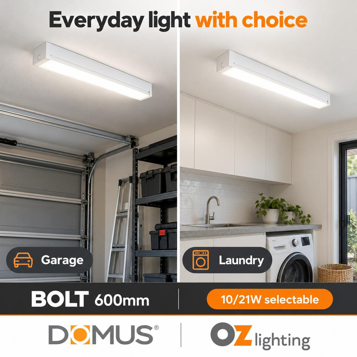 Domus BOLT LED Batten Light - 21W, 42W, 600mm, 1200mm, 2ft, 4ft, Tri-Colour, Diffused-Domus Lighting-Ozlighting.com.au