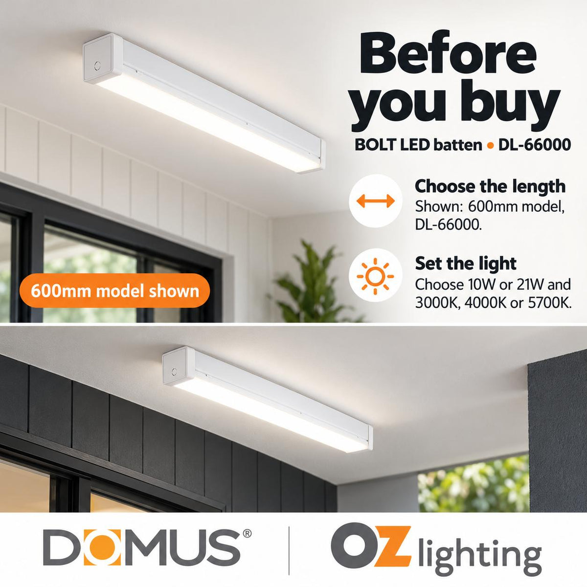 Domus BOLT LED Batten Light - 21W, 42W, 600mm, 1200mm, 2ft, 4ft, Tri-Colour, Diffused-Domus Lighting-Ozlighting.com.au