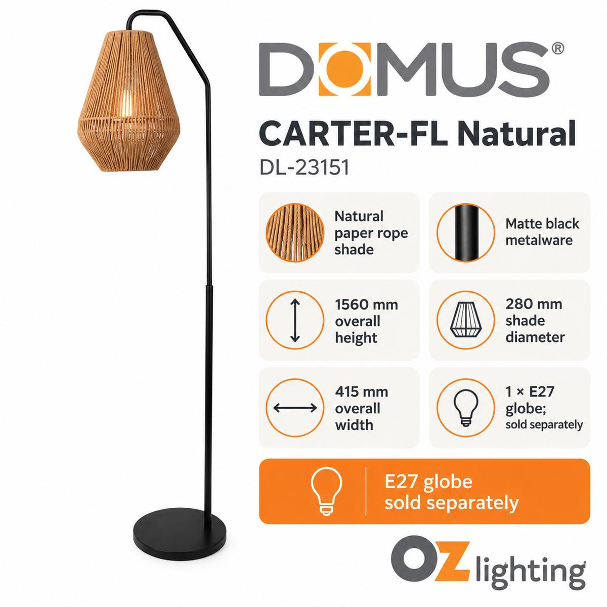 Domus CARTER-FL Floor Lamp - Paper Rope-Domus Lighting-Ozlighting.com.au