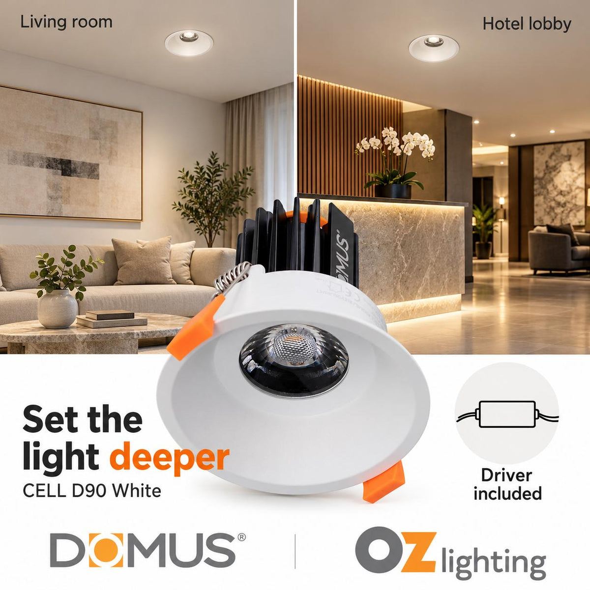 Domus CELL-13-5CCT-D90 LED Downlight - 13W, 5-CCT, Dimmable, Fixed, Deepset, D90-Domus Lighting-Ozlighting.com.au