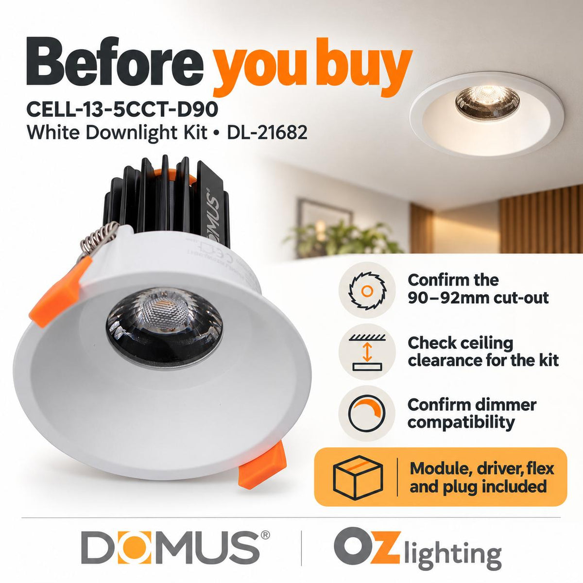 Domus CELL-13-5CCT-D90 LED Downlight - 13W, 5-CCT, Dimmable, Fixed, Deepset, D90-Domus Lighting-Ozlighting.com.au