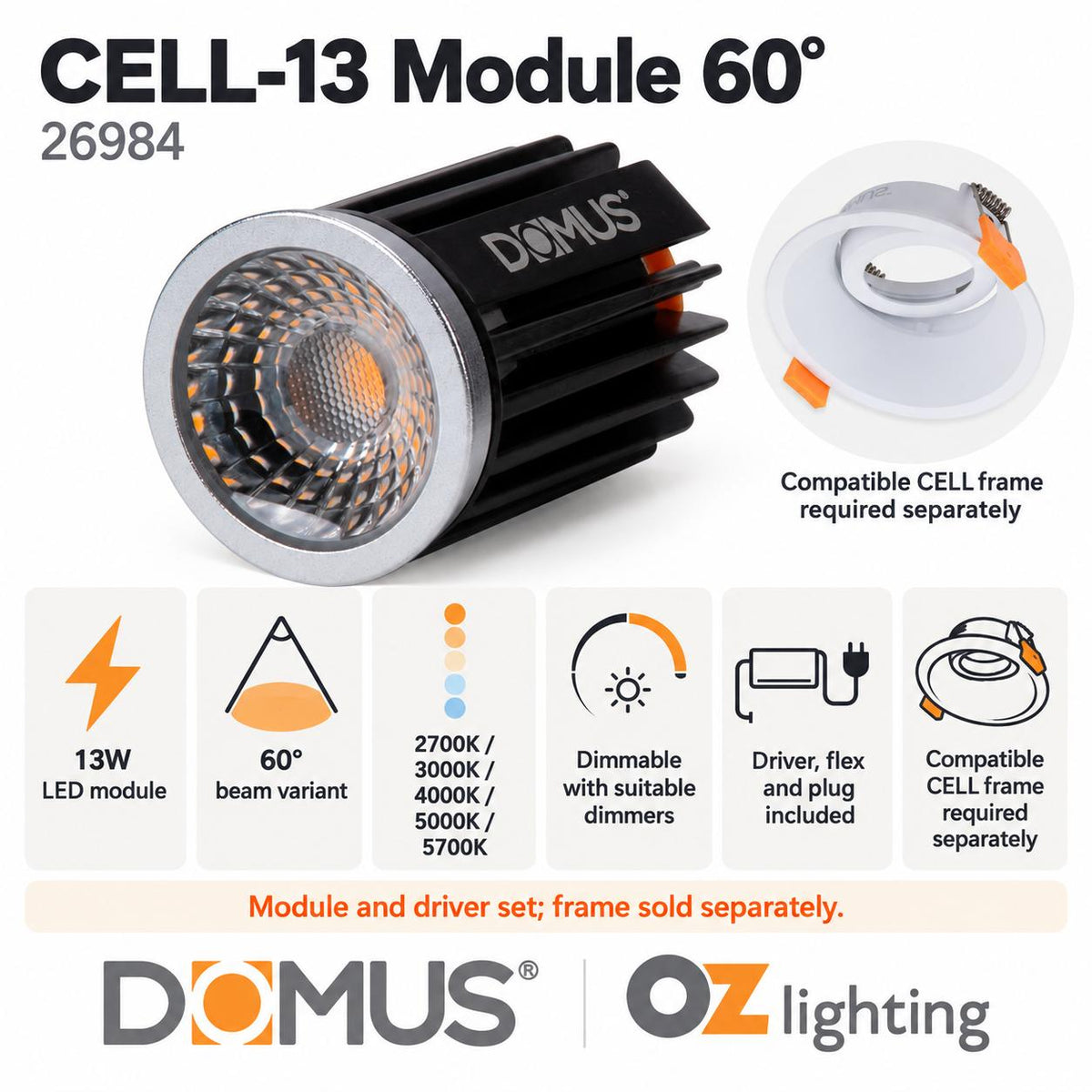 Domus CELL-13-5CCT LED Downlight Module - 13W, 5-CCT, Colour Switchable, Dimmable-Domus Lighting-Ozlighting.com.au