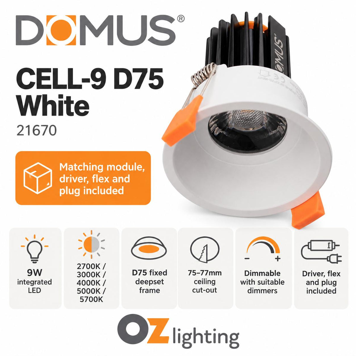Domus CELL-9-5CCT-D75 LED Downlight - 9W, 5-CCT, Dimmable, Fixed, Deepset-Domus Lighting-Ozlighting.com.au