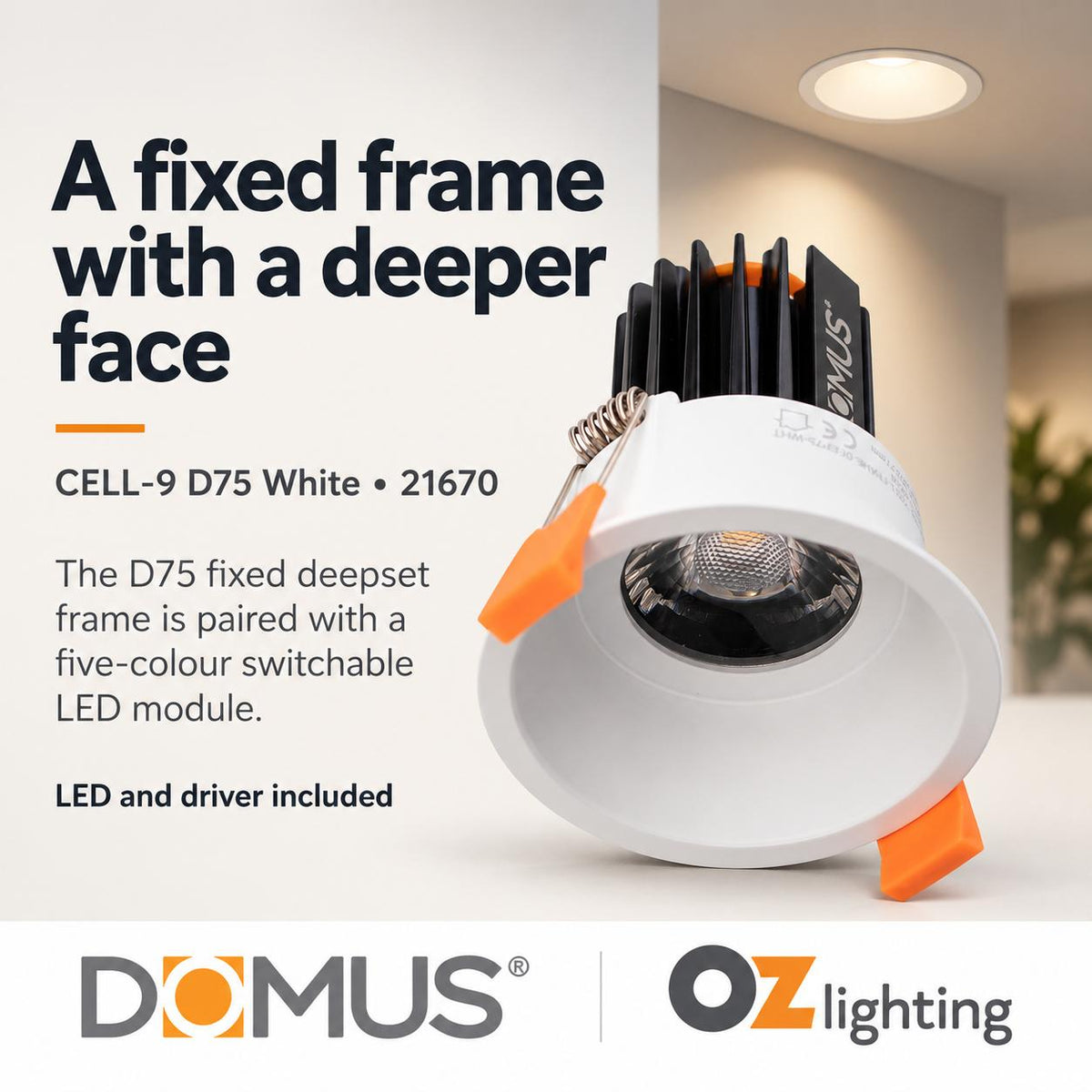Domus CELL-9-5CCT-D75 LED Downlight - 9W, 5-CCT, Dimmable, Fixed, Deepset-Domus Lighting-Ozlighting.com.au