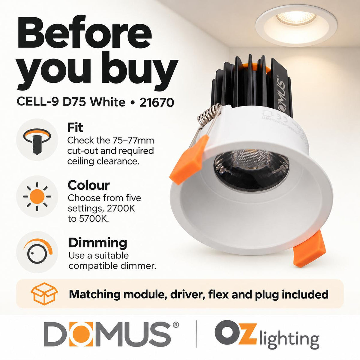 Domus CELL-9-5CCT-D75 LED Downlight - 9W, 5-CCT, Dimmable, Fixed, Deepset-Domus Lighting-Ozlighting.com.au