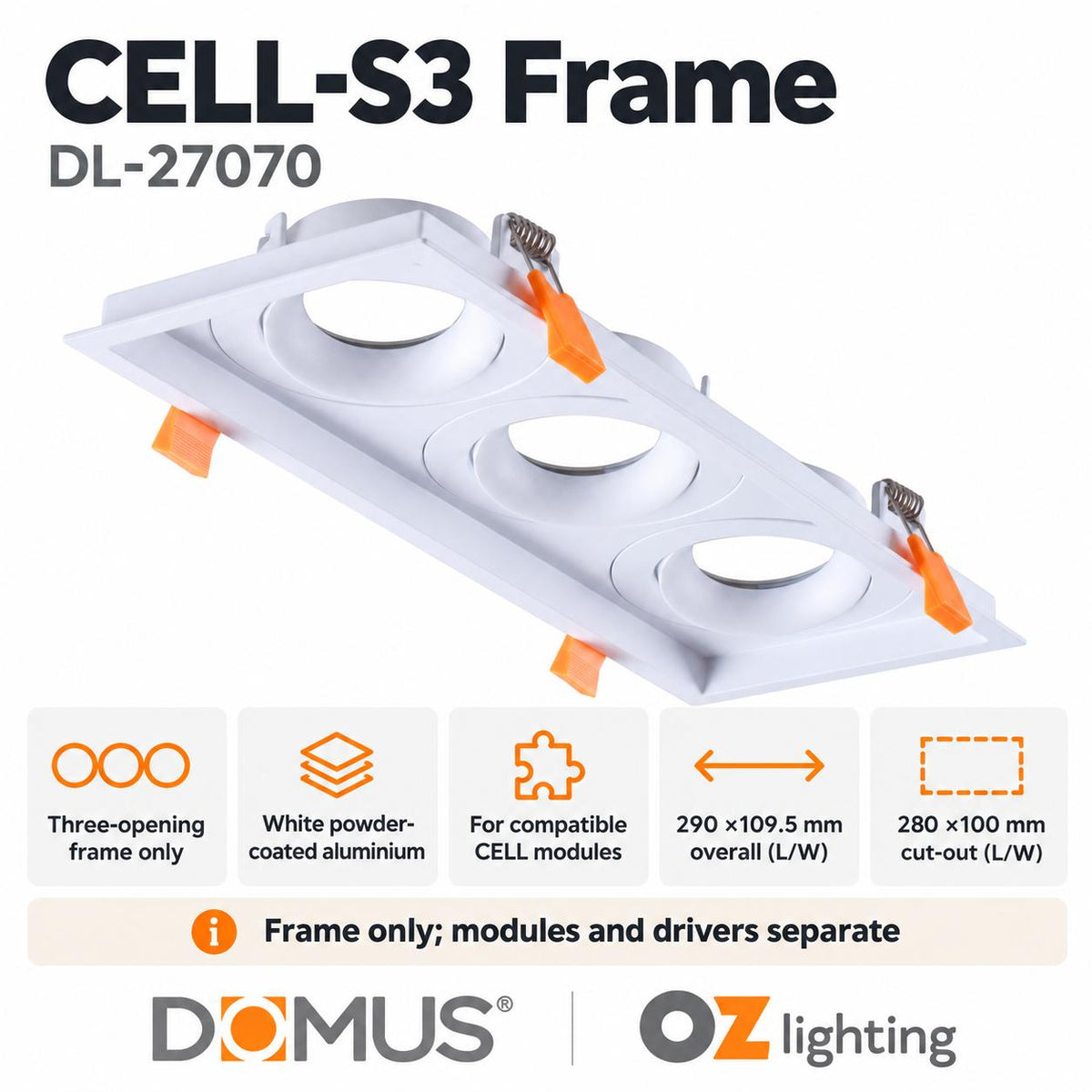 Domus CELL-S3 3 Light Slotter S3 Downlight Frame - to suit CELL Downlight Module Series-Domus Lighting-Ozlighting.com.au