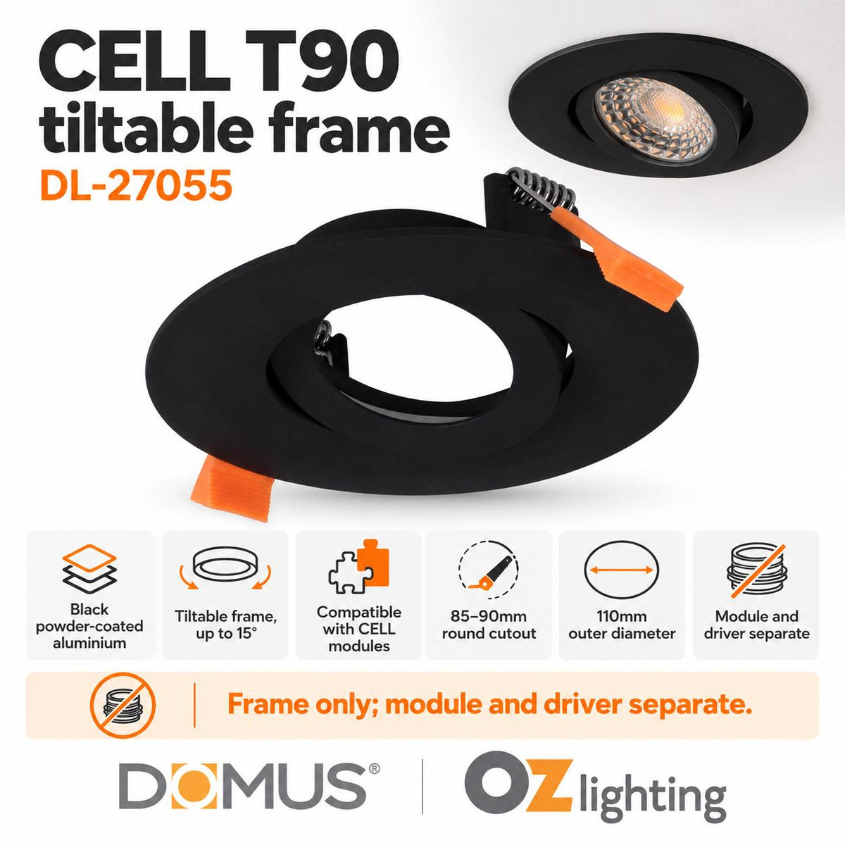 Domus CELL-T90 Tiltable T90 Downlight Frame - to suit CELL Downlight Module Series-Domus Lighting-Ozlighting.com.au