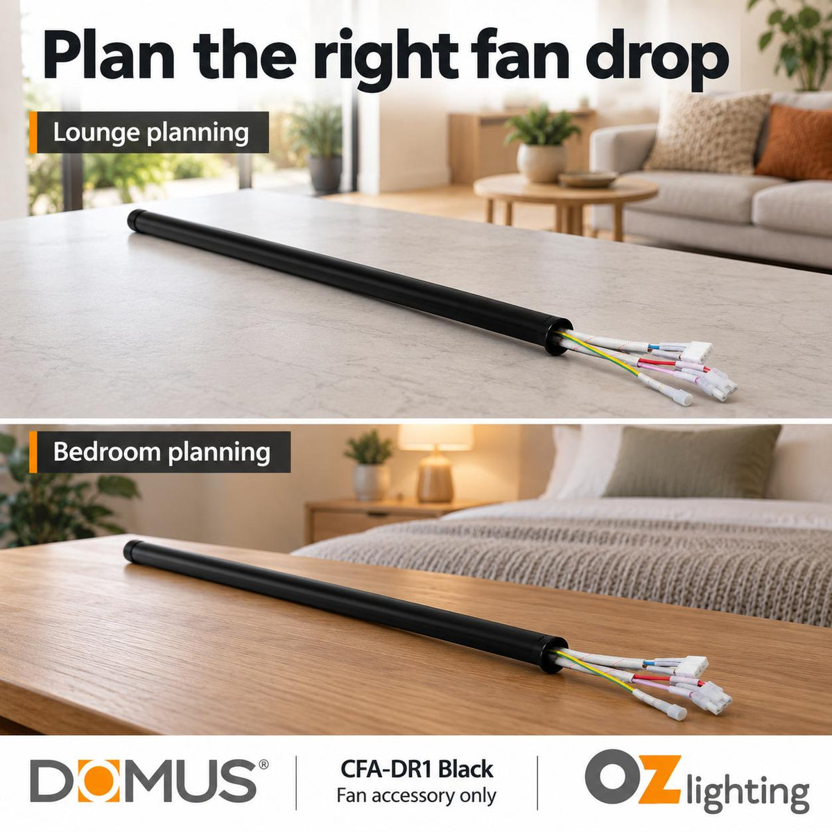 Domus CFA-DR1 Downrod - 90cm, & Wiring Loom for AXIS/HOVER/MOTION Ceiling Fans-Domus Lighting-Ozlighting.com.au