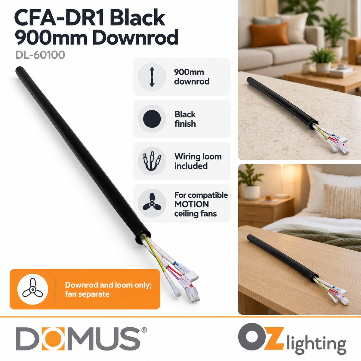 Domus CFA-DR1 Downrod - 90cm, & Wiring Loom for AXIS/HOVER/MOTION Ceiling Fans-Domus Lighting-Ozlighting.com.au