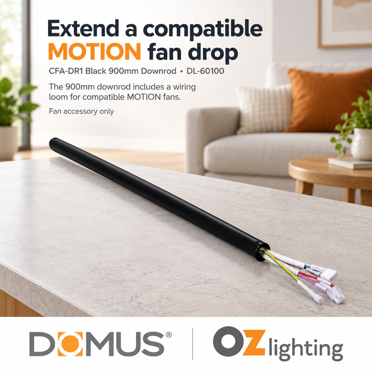 Domus CFA-DR1 Downrod - 90cm, & Wiring Loom for AXIS/HOVER/MOTION Ceiling Fans-Domus Lighting-Ozlighting.com.au