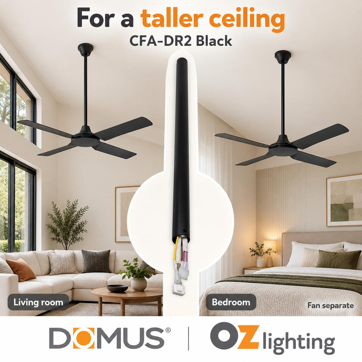 Domus CFA-DR2 Downrod - 90cm, & Wiring Loom for FRESCO Ceiling Fans-Domus Lighting-Ozlighting.com.au