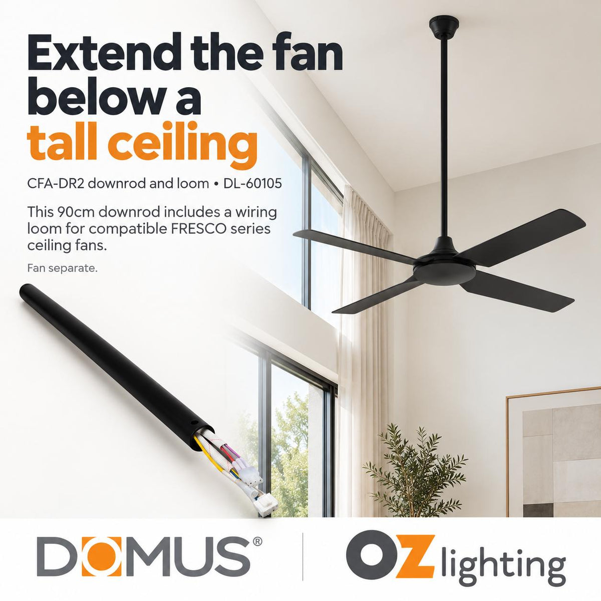 Domus CFA-DR2 Downrod - 90cm, & Wiring Loom for FRESCO Ceiling Fans-Domus Lighting-Ozlighting.com.au