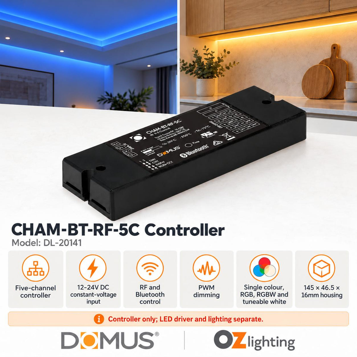 Domus CHAM-BT-RF-5C Controller - Master LED Universal 5 Channel Smart RF and Bluetooth RGB/RGBW/TW/Single Colour - DRIVER REQUIRED-Domus Lighting-Ozlighting.com.au