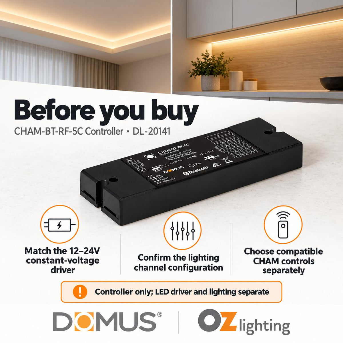 Domus CHAM-BT-RF-5C Controller - Master LED Universal 5 Channel Smart RF and Bluetooth RGB/RGBW/TW/Single Colour - DRIVER REQUIRED-Domus Lighting-Ozlighting.com.au