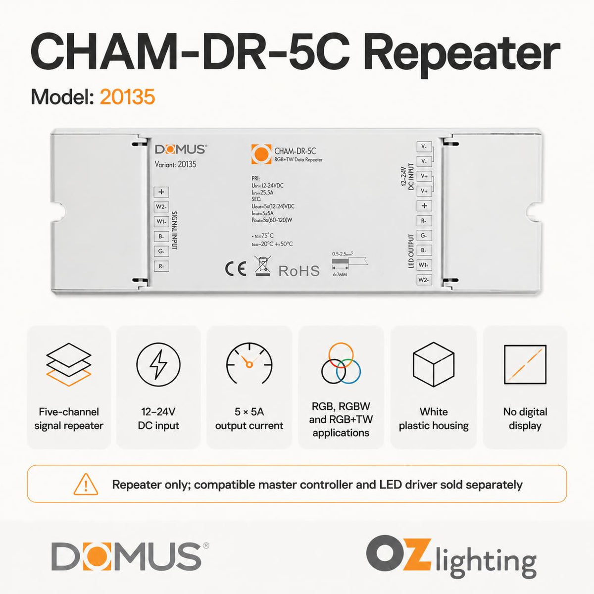 Domus CHAM-DR-5C Repeater - 5 Channel RGB+TW Data Signal - DRIVER REQUIRED-Domus Lighting-Ozlighting.com.au