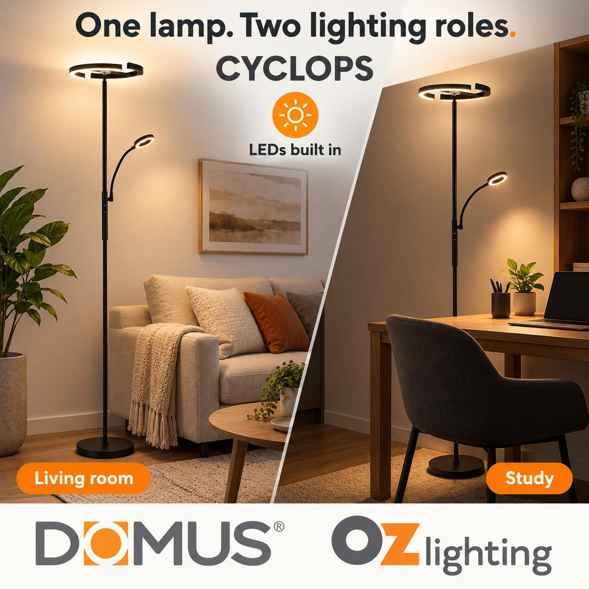 Domus CYCLOPS LED Floor Lamp - 20W+7W, 4-CCT, Push Dimmable, Black-Domus Lighting-Ozlighting.com.au