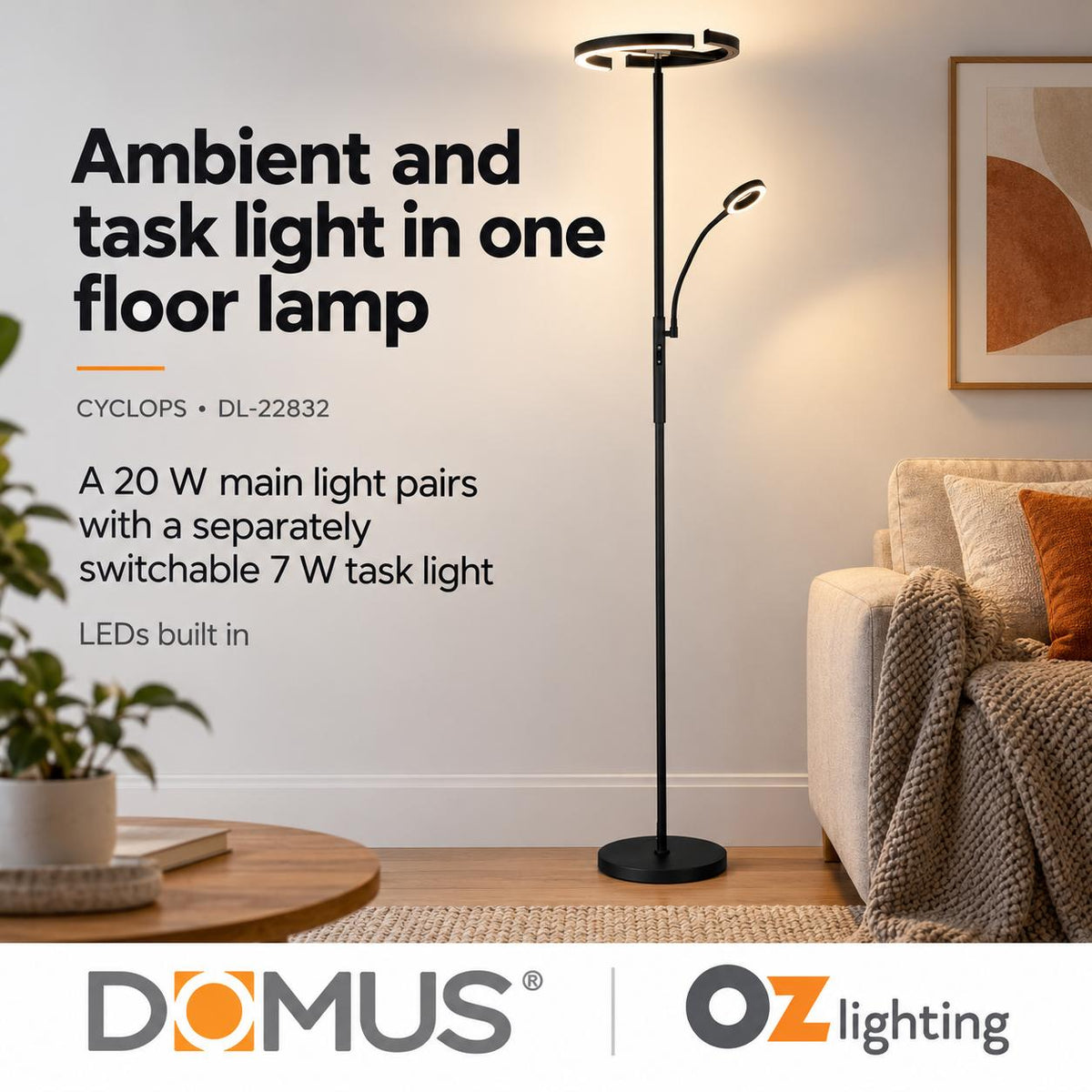 Domus CYCLOPS LED Floor Lamp - 20W+7W, 4-CCT, Push Dimmable, Black-Domus Lighting-Ozlighting.com.au