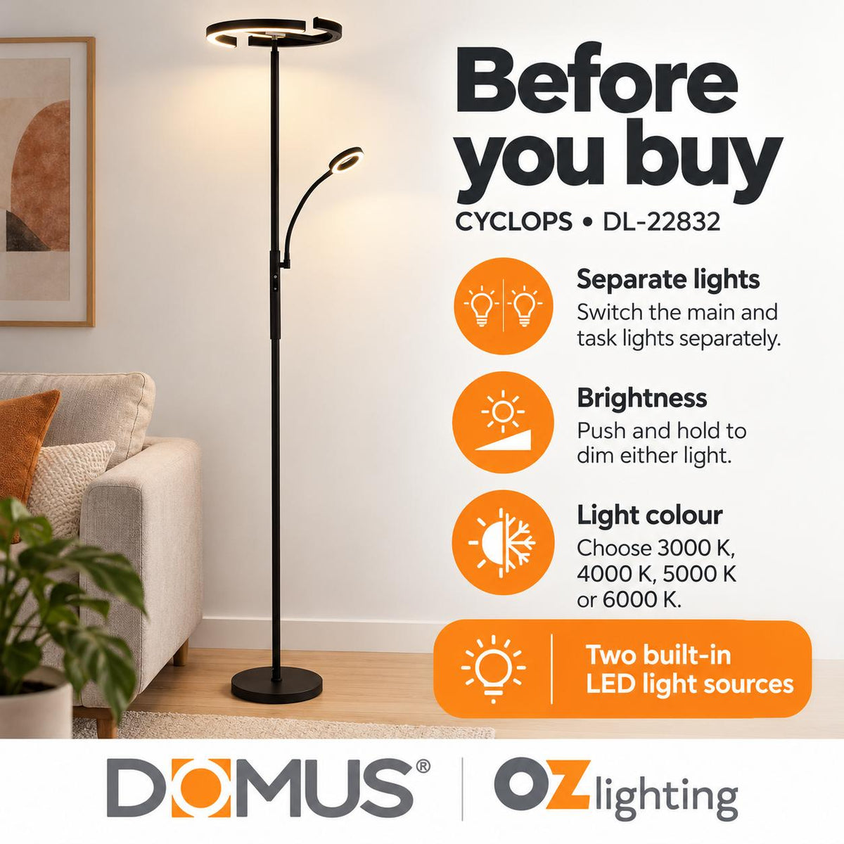 Domus CYCLOPS LED Floor Lamp - 20W+7W, 4-CCT, Push Dimmable, Black-Domus Lighting-Ozlighting.com.au