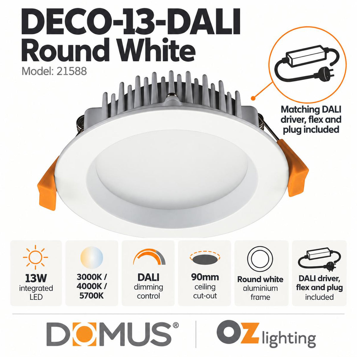 Domus DECO-13-DALI LED Downlight - 13W, DALI Dimmable, IP44, Round, Square, Deep Face-Domus Lighting-Ozlighting.com.au