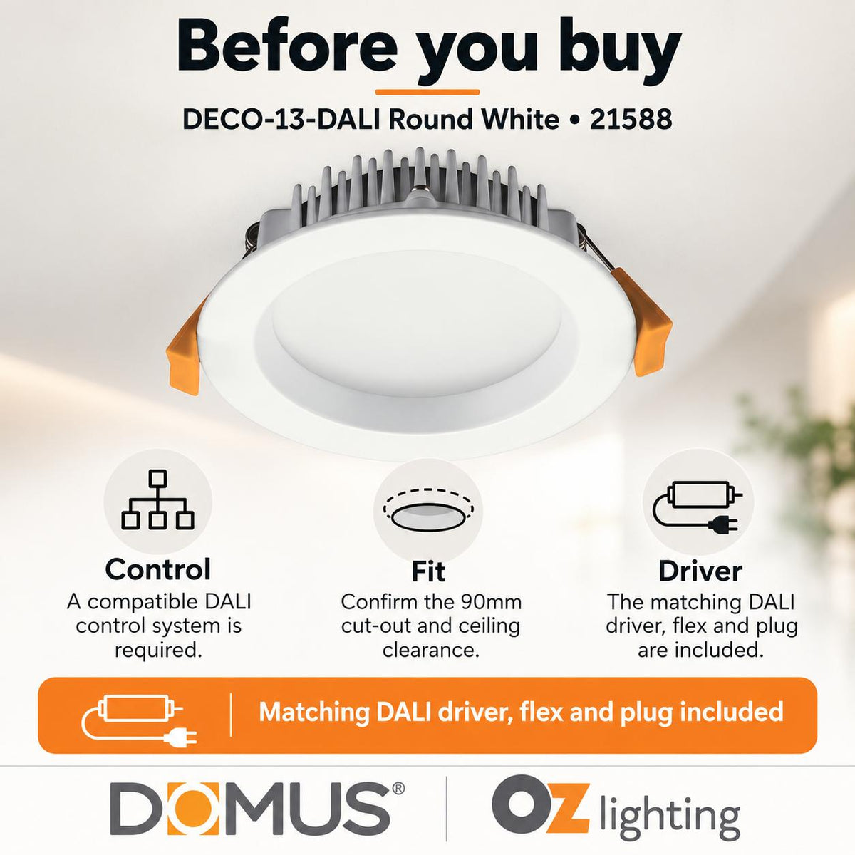 Domus DECO-13-DALI LED Downlight - 13W, DALI Dimmable, IP44, Round, Square, Deep Face-Domus Lighting-Ozlighting.com.au