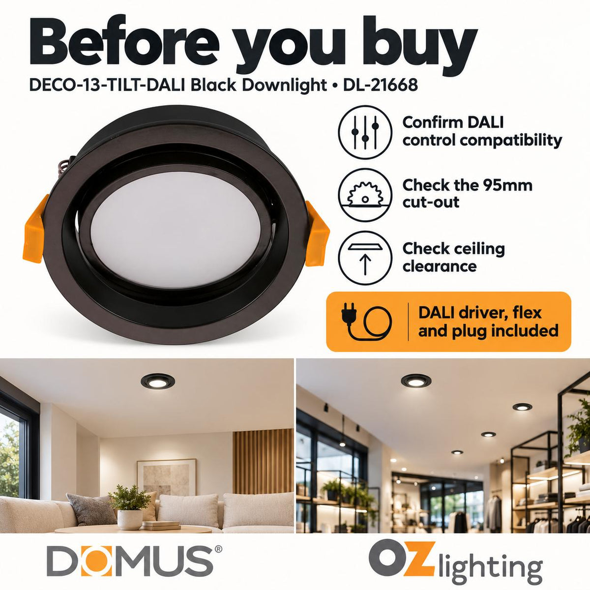 Domus DECO-13-TILT-DALI LED Downlight - 13W, Tri-Colour, DALI Dimmable, IP44, Round, Tilt, Adjustable-Domus Lighting-Ozlighting.com.au