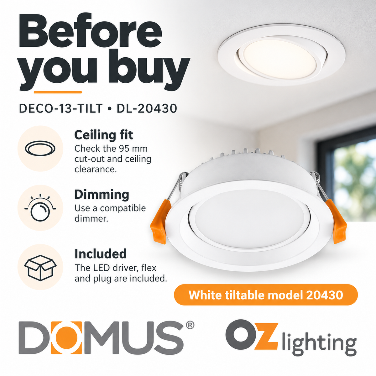 Domus DECO-13-TILT LED Downlight - 13W, Tri-Colour, Dimmable, IP44, Round, Tilt, Adjustable-Domus Lighting-Ozlighting.com.au