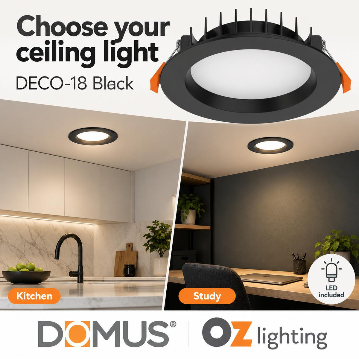 Domus DECO-18 LED Downlight - 18W, Tri-Colour, Dimmable, Round, Deepset-Domus Lighting-Ozlighting.com.au
