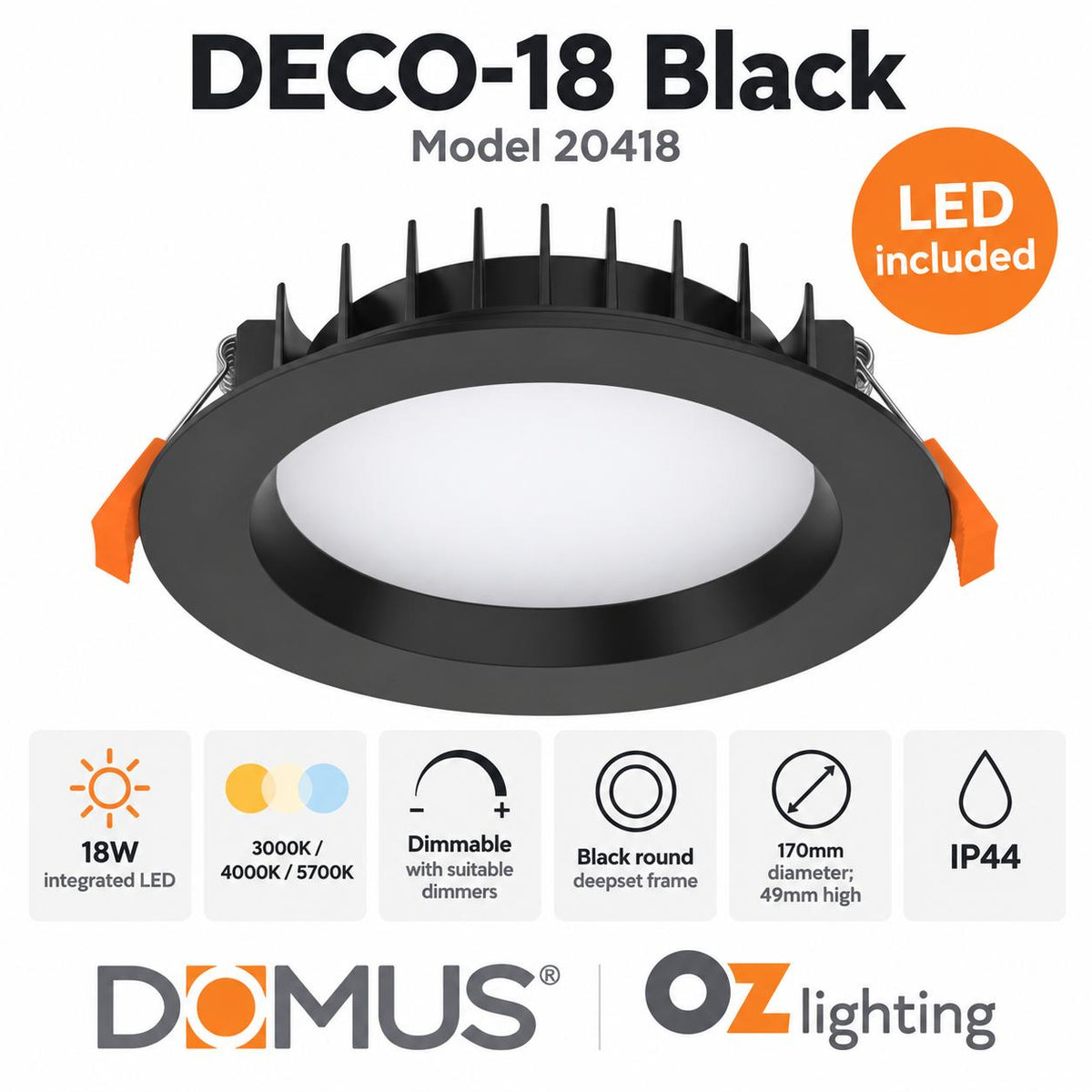 Domus DECO-18 LED Downlight - 18W, Tri-Colour, Dimmable, Round, Deepset-Domus Lighting-Ozlighting.com.au