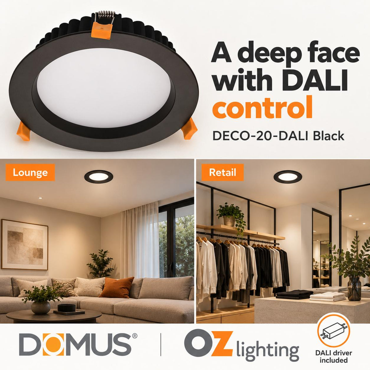 Domus DECO-20-DALI LED Downlight - 20W, Tri-Colour, DALI Dimmable, IP44, Round, Deep Face-Domus Lighting-Ozlighting.com.au