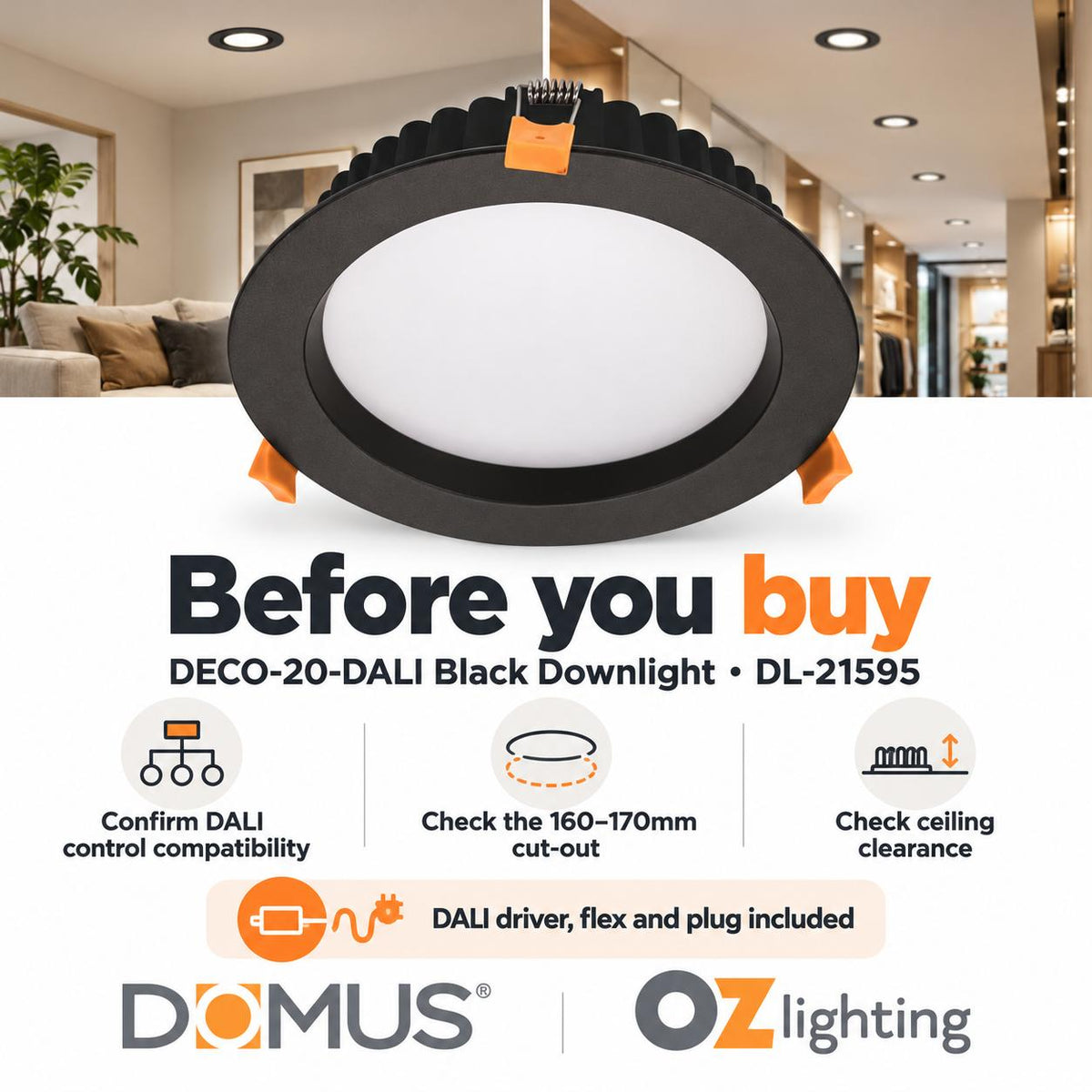 Domus DECO-20-DALI LED Downlight - 20W, Tri-Colour, DALI Dimmable, IP44, Round, Deep Face-Domus Lighting-Ozlighting.com.au