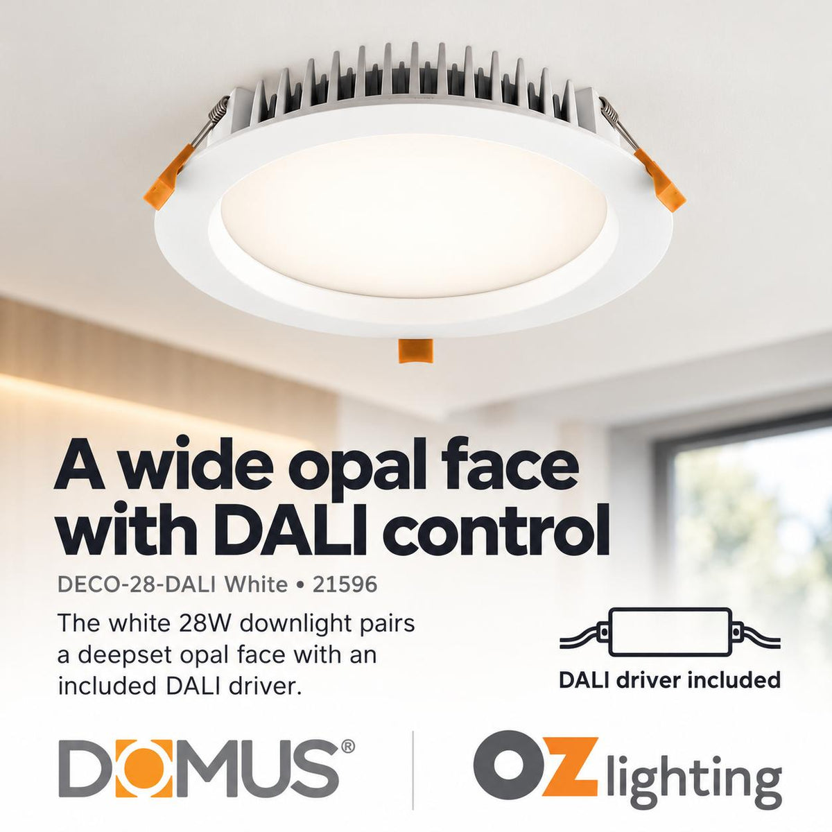 Domus DECO-28-DALI LED Downlight - 28W, Tri-Colour, DALI Dimmable, IP44, Round, Deep Face-Domus Lighting-Ozlighting.com.au
