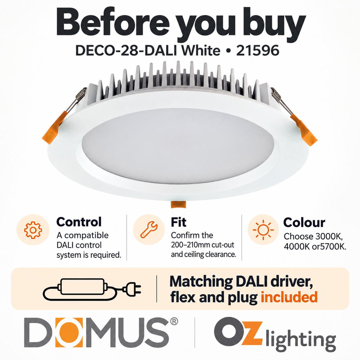 Domus DECO-28-DALI LED Downlight - 28W, Tri-Colour, DALI Dimmable, IP44, Round, Deep Face-Domus Lighting-Ozlighting.com.au
