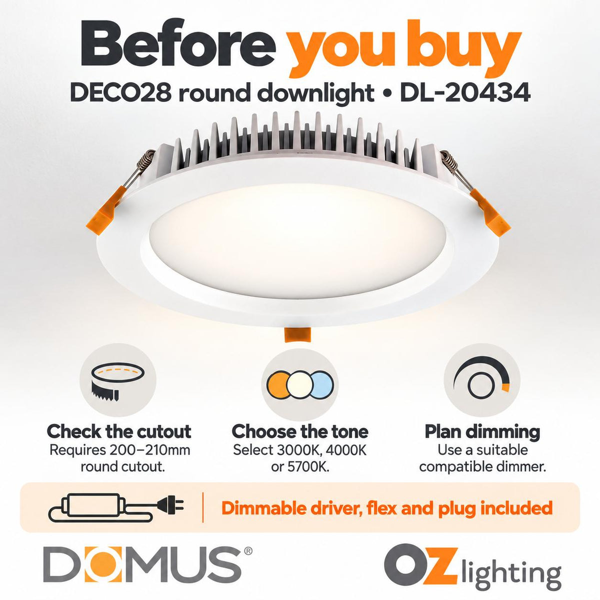 Domus DECO-28 LED Downlight - 28W, Tri-Colour, Dimmable, IP44, Round, Deep Face-Domus Lighting-Ozlighting.com.au