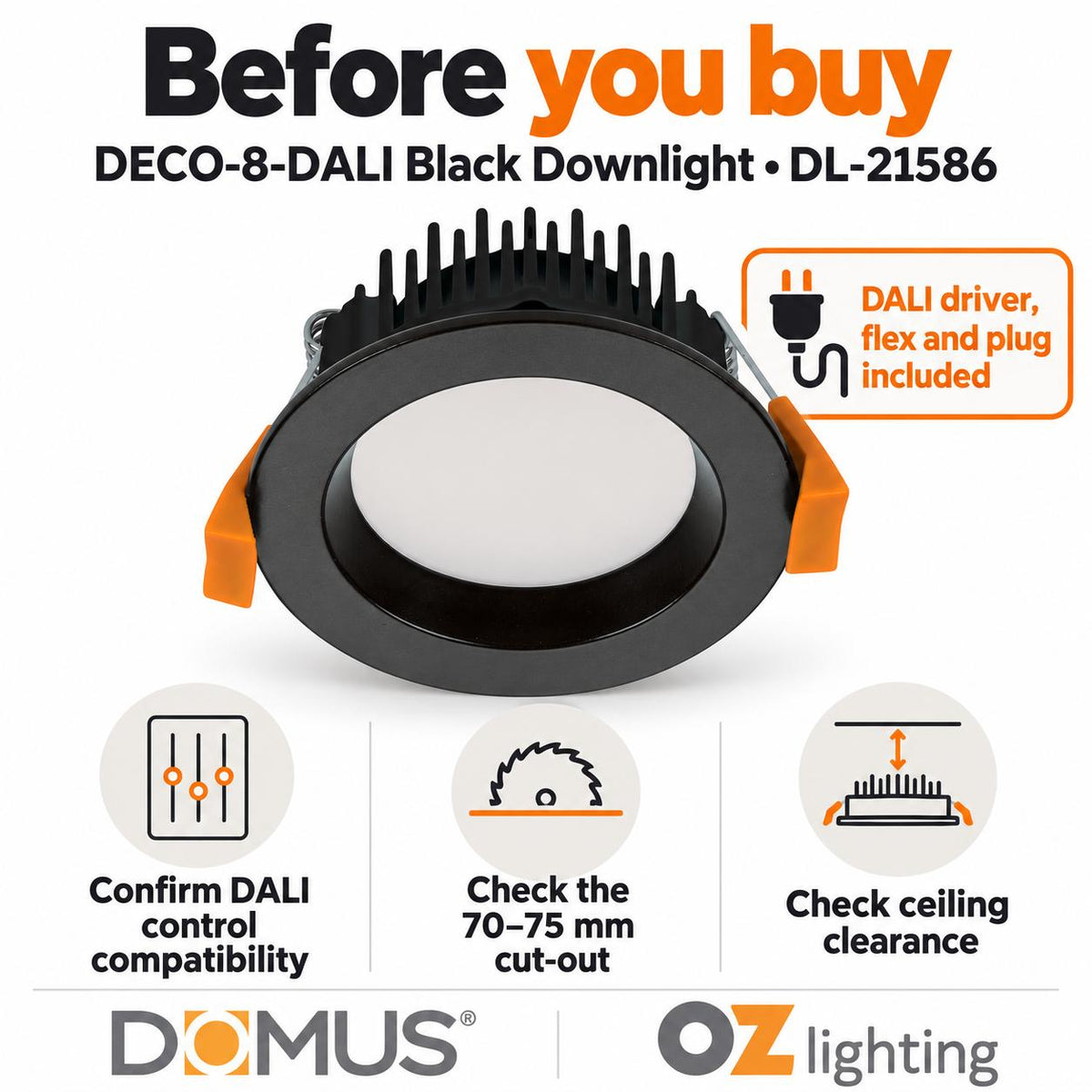 Domus DECO-8-DALI LED Downlight - 8W, Tri-Colour, DALI Dimmable, IP44, Round, Deep Face-Domus Lighting-Ozlighting.com.au