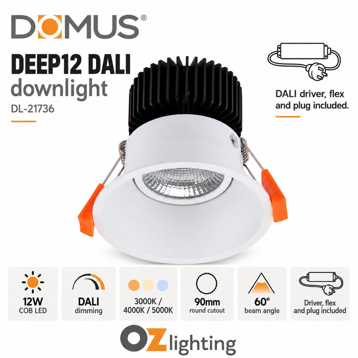 Domus DEEP-12-TRIO-DALI LED Downlight - 12W, Tri-Colour, DALI Dimmable, IP44, Deepset-Domus Lighting-Ozlighting.com.au