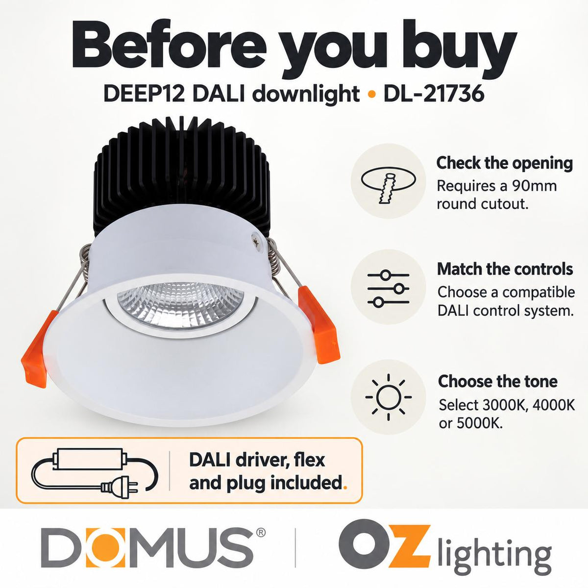 Domus DEEP-12-TRIO-DALI LED Downlight - 12W, Tri-Colour, DALI Dimmable, IP44, Deepset-Domus Lighting-Ozlighting.com.au