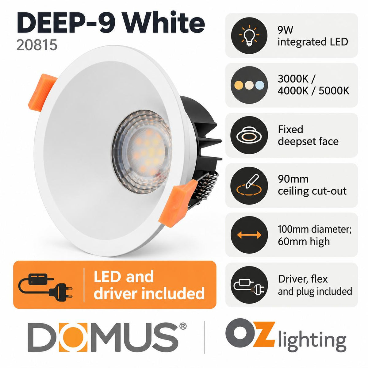 Domus DEEP-9 LED Downlight - 9W, Tri-Colour, Dimmable, IP54, Fixed, Deep Face-Domus Lighting-Ozlighting.com.au