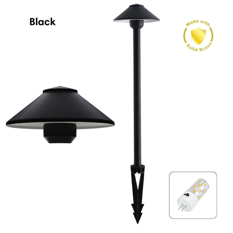 Domus DUSK-PATH-M - 4W 12V DC LED Tri-Colour G4 Replaceable Exterior Medium Hooded Spike Path Light IP65 Solid Brass - DRIVER REQUIRED-Domus Lighting-Ozlighting.com.au