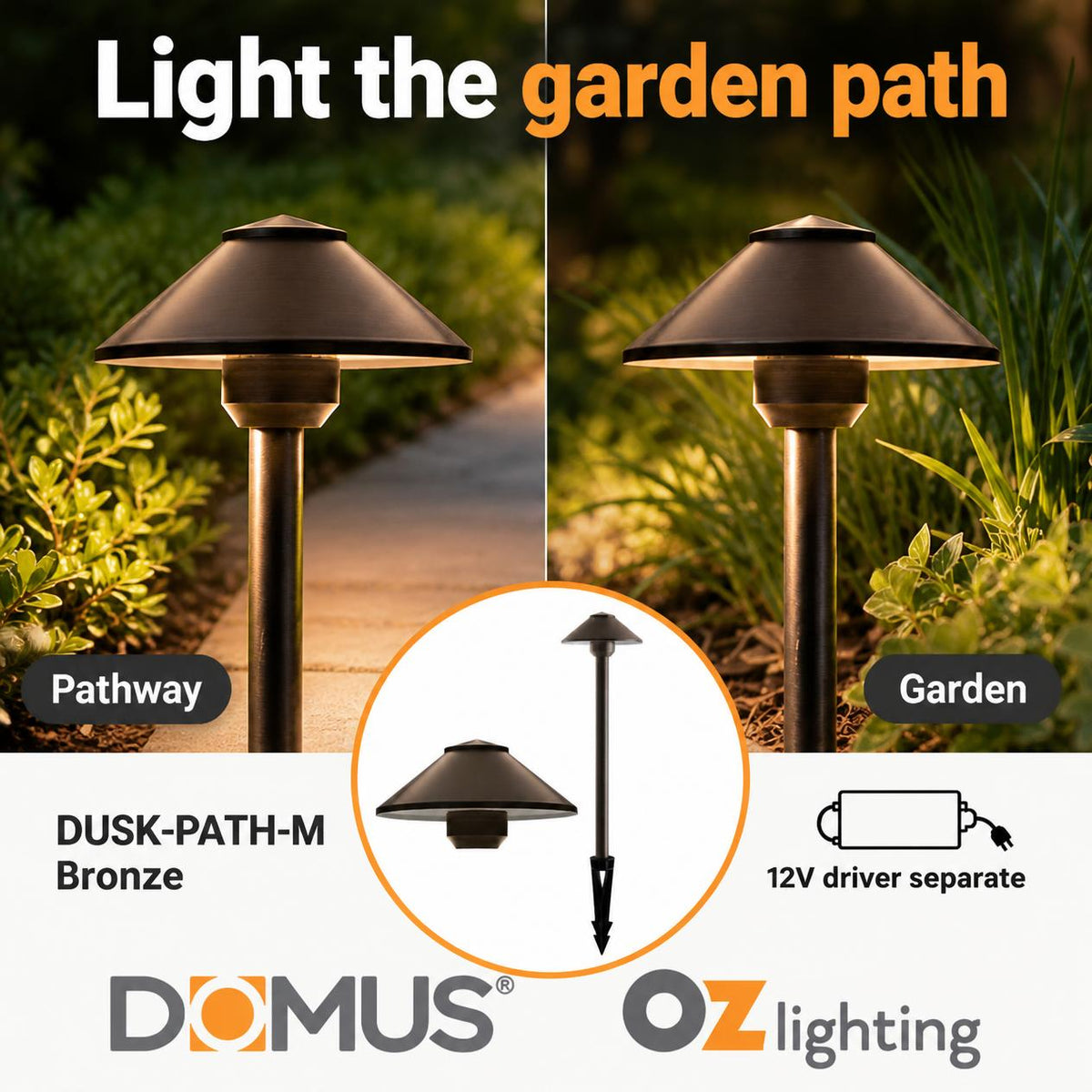 Domus DUSK-PATH-M 4W 12V DC LED Tri-Colour G4 Replaceable Outdoor Medium Hooded Spike - Path Light IP65 Solid - DRIVER REQUIRED-Domus Lighting-Ozlighting.com.au