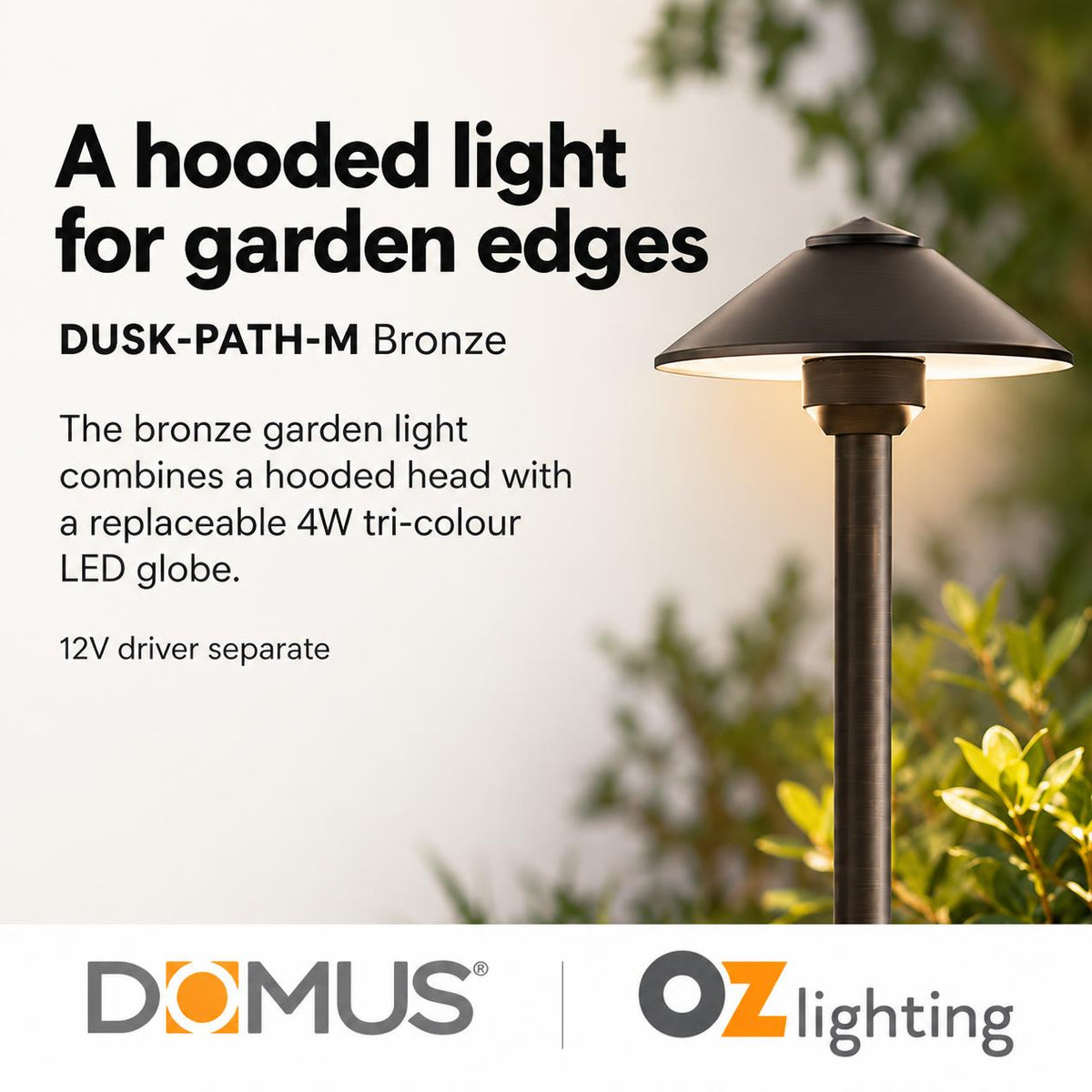 Domus DUSK-PATH-M 4W 12V DC LED Tri-Colour G4 Replaceable Outdoor Medium Hooded Spike - Path Light IP65 Solid - DRIVER REQUIRED-Domus Lighting-Ozlighting.com.au