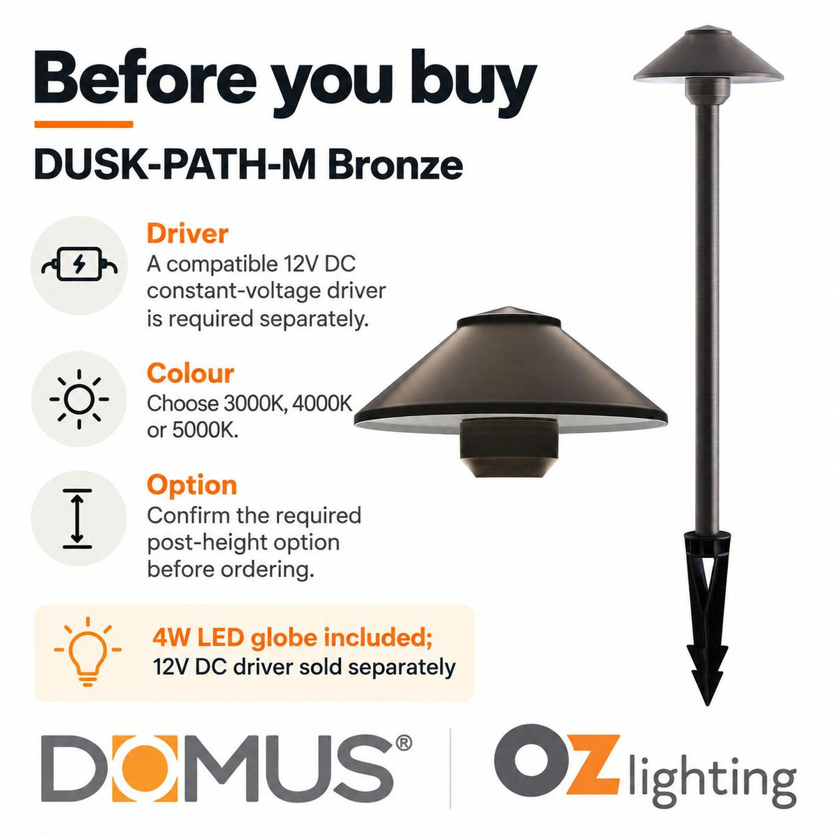 Domus DUSK-PATH-M 4W 12V DC LED Tri-Colour G4 Replaceable Outdoor Medium Hooded Spike - Path Light IP65 Solid - DRIVER REQUIRED-Domus Lighting-Ozlighting.com.au