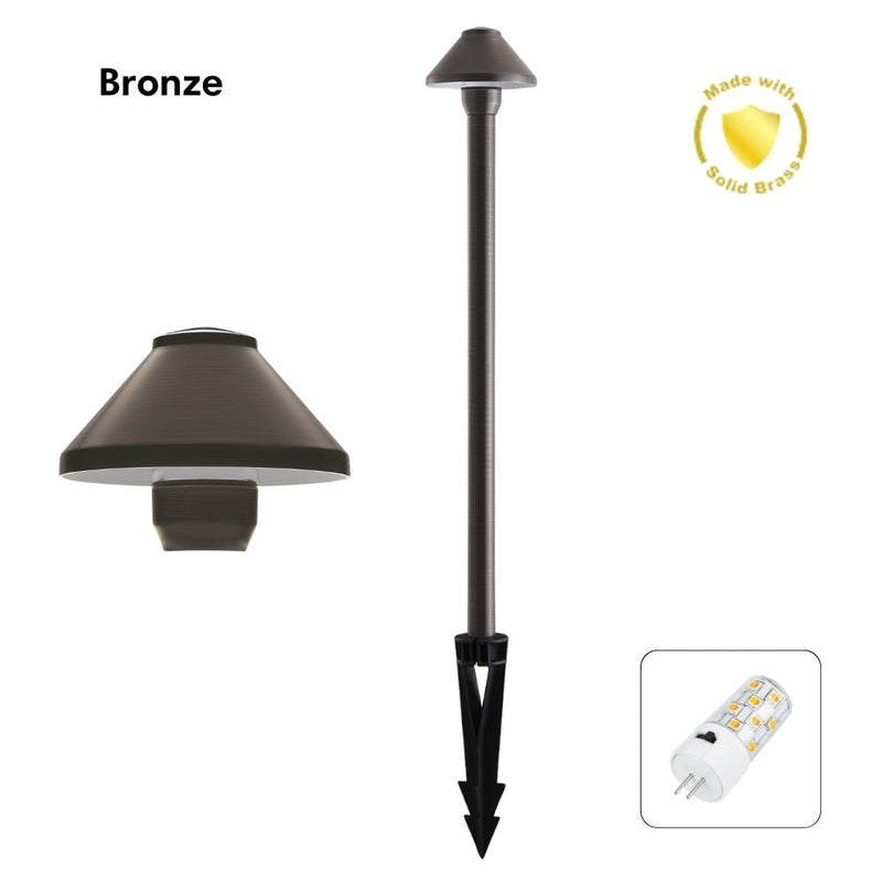 Domus DUSK-PATH-S - 4W 12V DC LED Tri-Colour G4 Replaceable Exterior Small Hooded Spike Path Light IP65 Solid Brass - DRIVER REQUIRED-Domus Lighting-Ozlighting.com.au