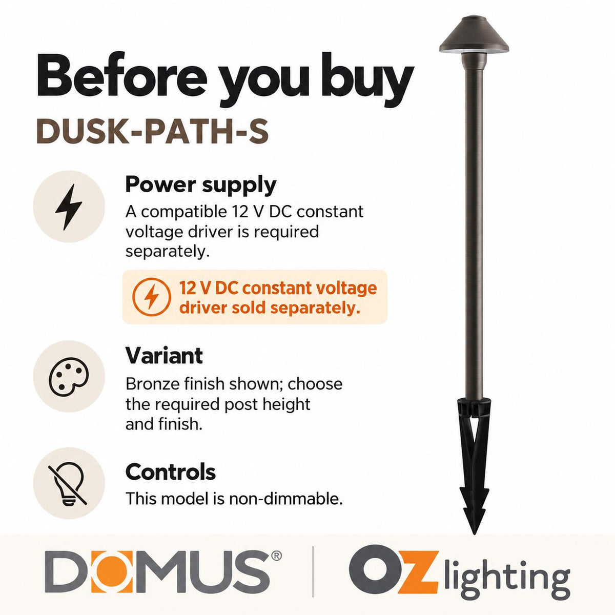Domus DUSK-PATH-S 4W 12V DC LED Tri-Colour G4 Replaceable Outdoor Small Hooded Spike - Path Light IP65 Solid - DRIVER REQUIRED-Domus Lighting-Ozlighting.com.au