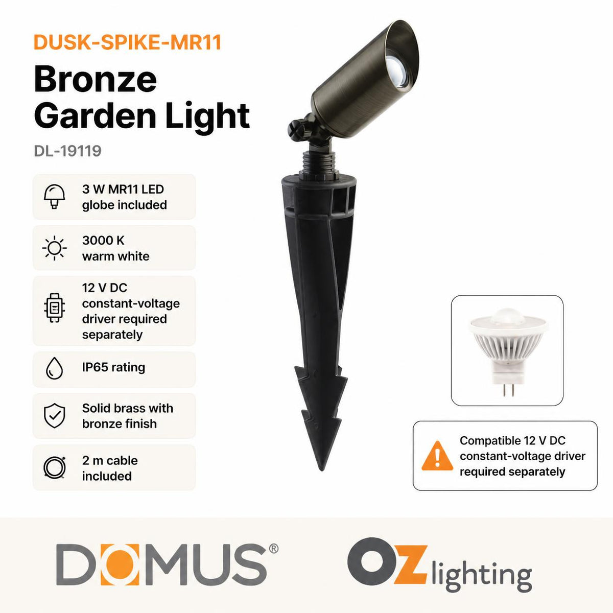 Domus DUSK-SPIKE-MR11 LED Garden Spike Light - 3W, 12V DC, IP65 - DRIVER REQUIRED-Domus Lighting-Ozlighting.com.au