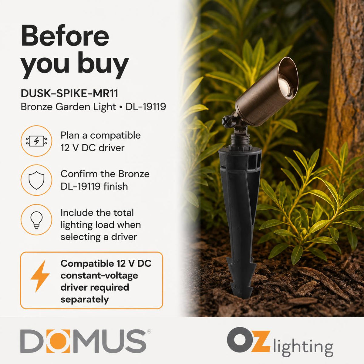 Domus DUSK-SPIKE-MR11 LED Garden Spike Light - 3W, 12V DC, IP65 - DRIVER REQUIRED-Domus Lighting-Ozlighting.com.au