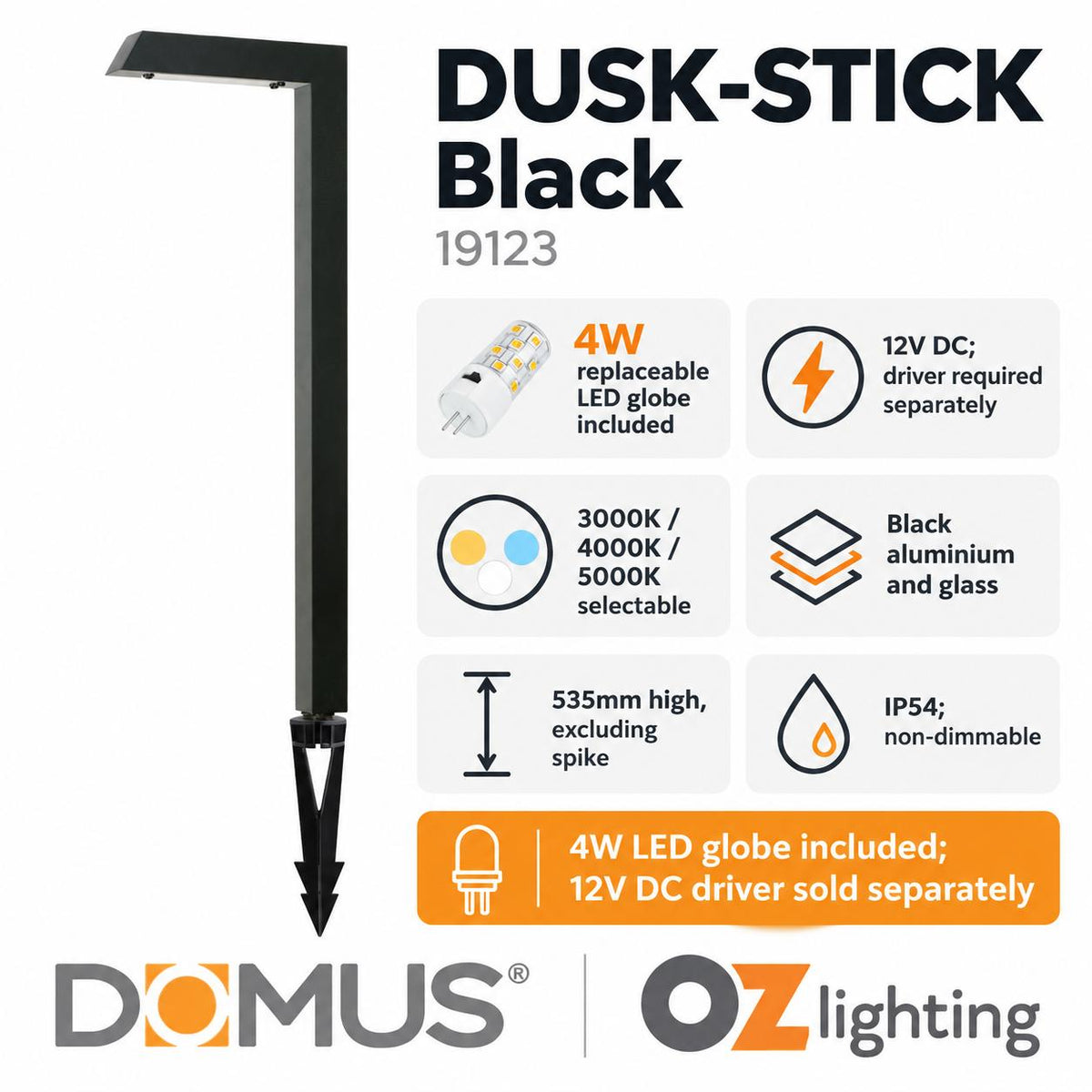 Domus DUSK-STICK 4W 12V DC LED Tri-Colour G4 Replaceable Outdoor Stick Post - Spike Path Light IP54 - DRIVER REQUIRED-Domus Lighting-Ozlighting.com.au